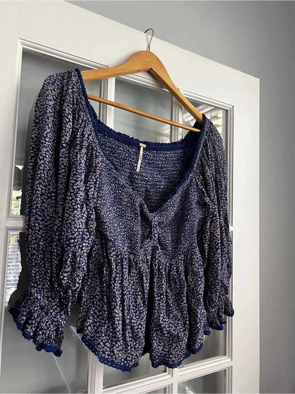 Free People Navy Blue Floral Peasant Top